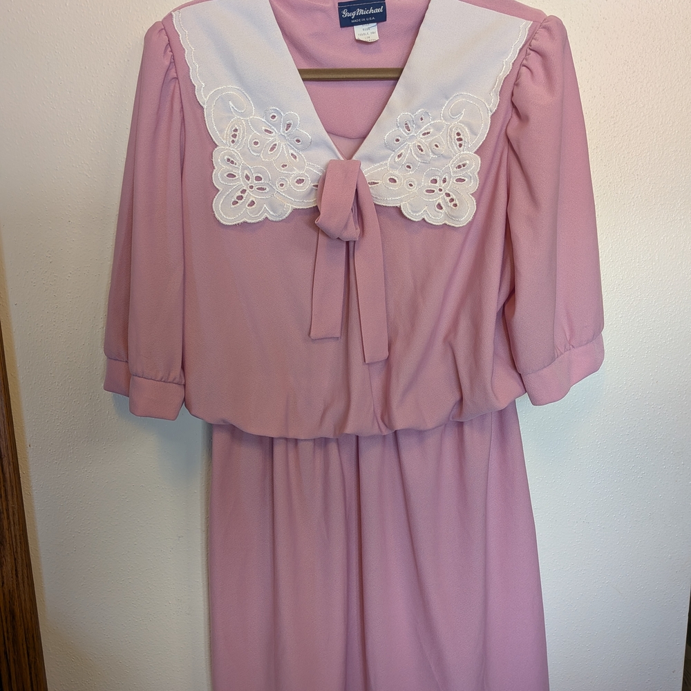 Vintage 80's Pink Midi Dress with White Collar